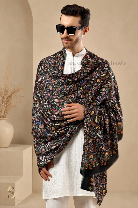 KALAMKARI KANI LEAF PRINT DESIGN MENS SHAWL SILK WOOL,BLACK