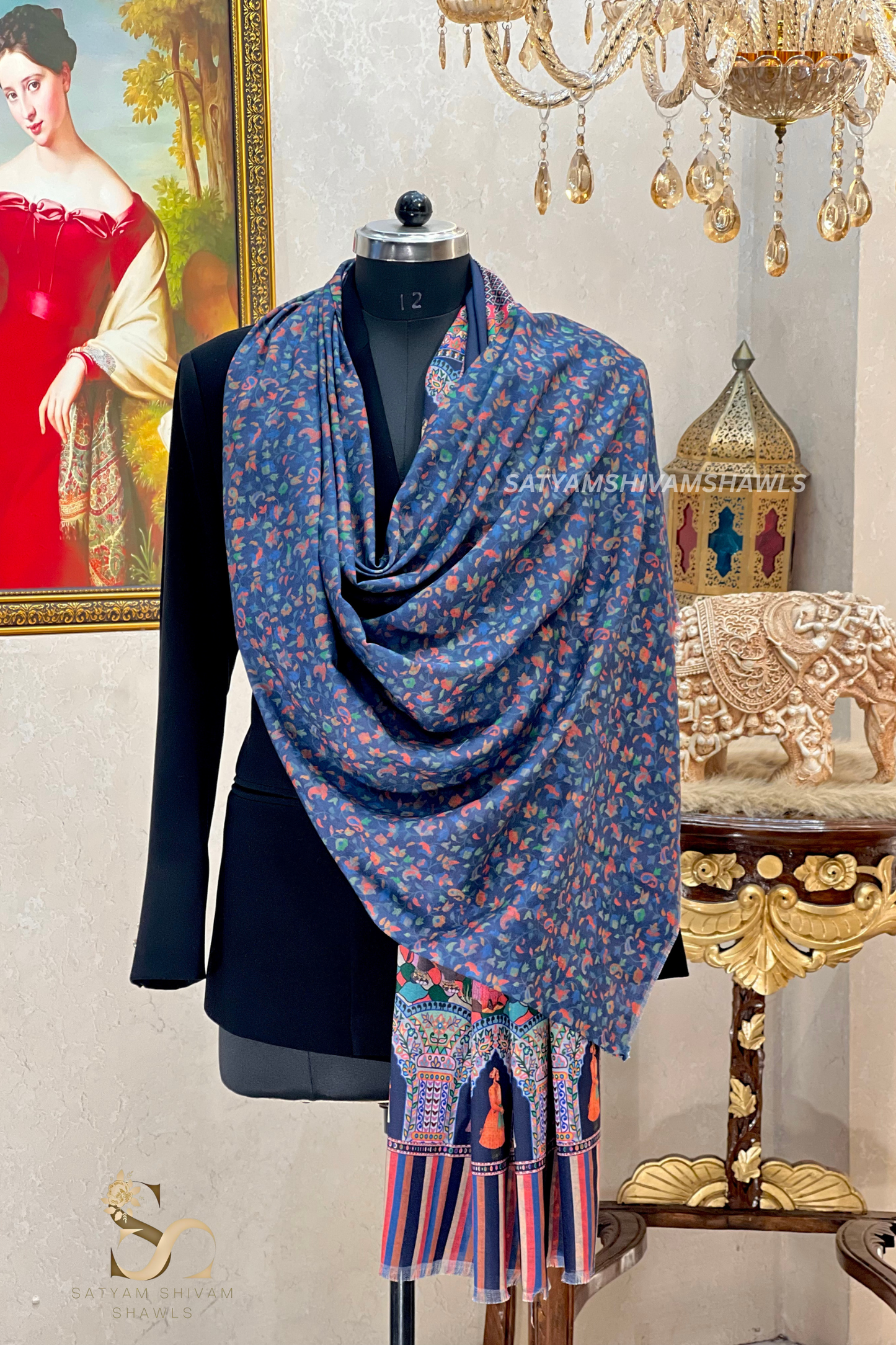 ISHQ-E-DHOLI PALLA REVERSIBLE  PURE WOOL KALAMKARI PRINT STOLE ,NAVY BLUE