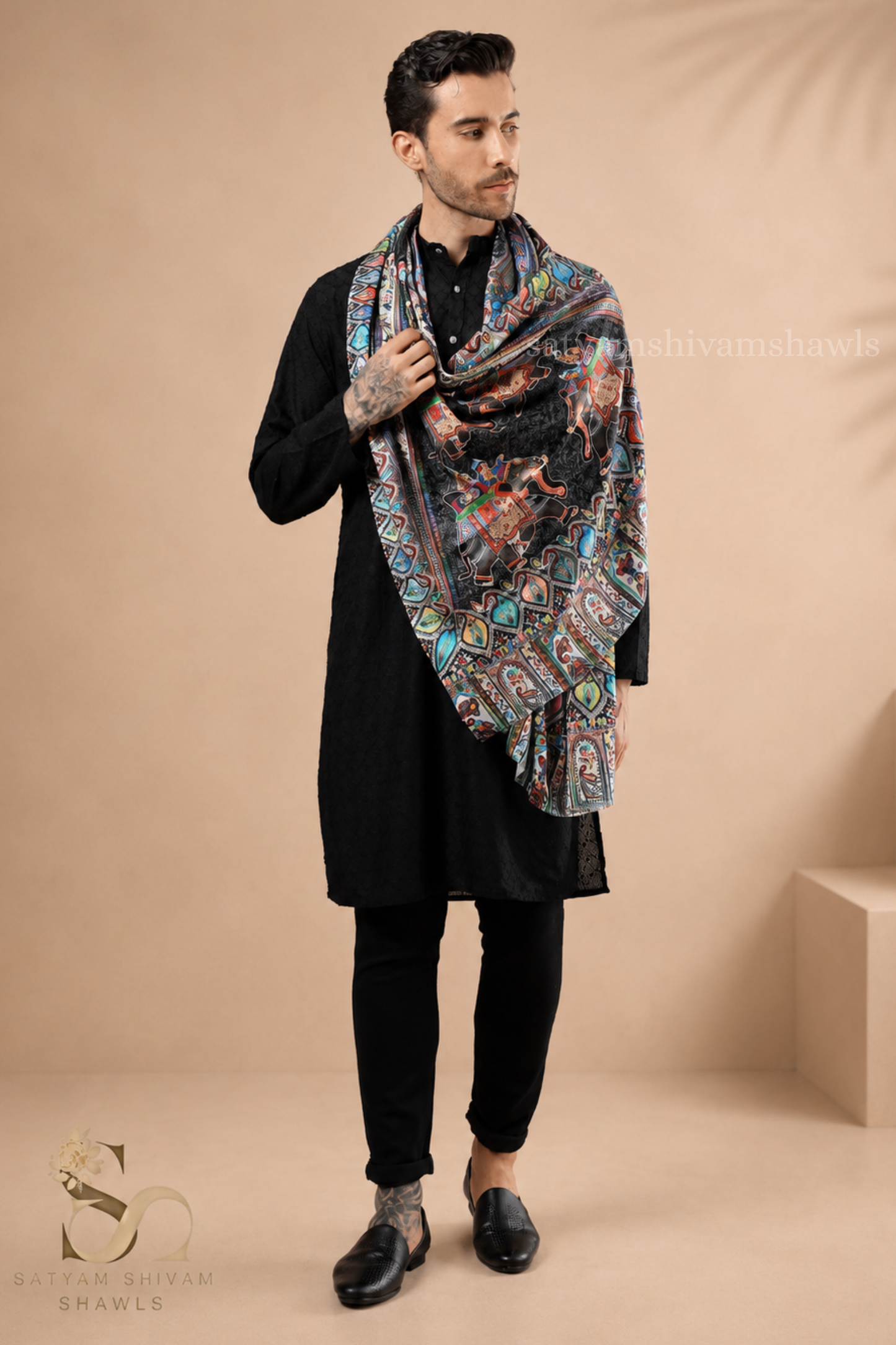 SHIKAARDAR  mens FINE SOFT PRINT SILK WOOL STOLE,BLACK