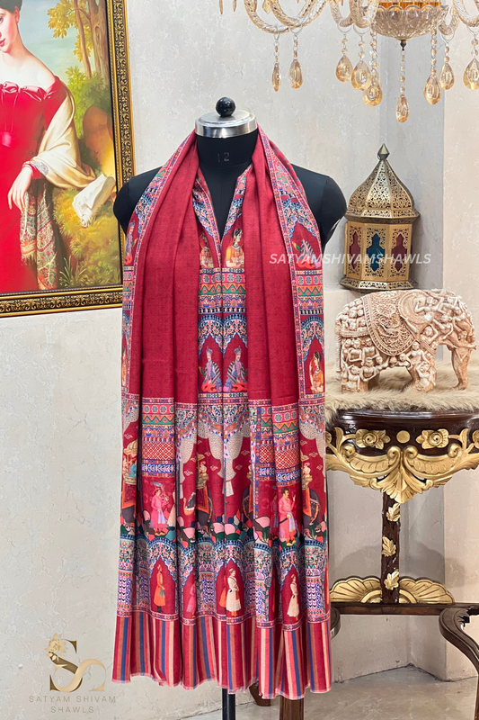 ISHQ-E-DHOLI PALLA REVERSIBLE  PURE WOOL KALAMKARI PRINT STOLE ,KASHMIRI MEHROON