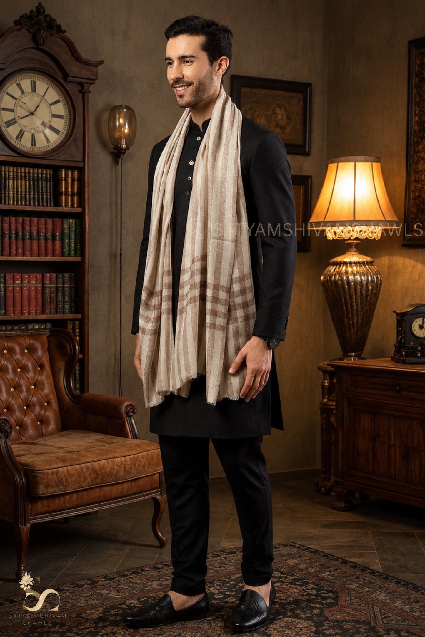 LUXURY PASHMINA SELF STRIPES WITH CHECK PALLA MENS STOLE, COLOR SKINISHCAMEL