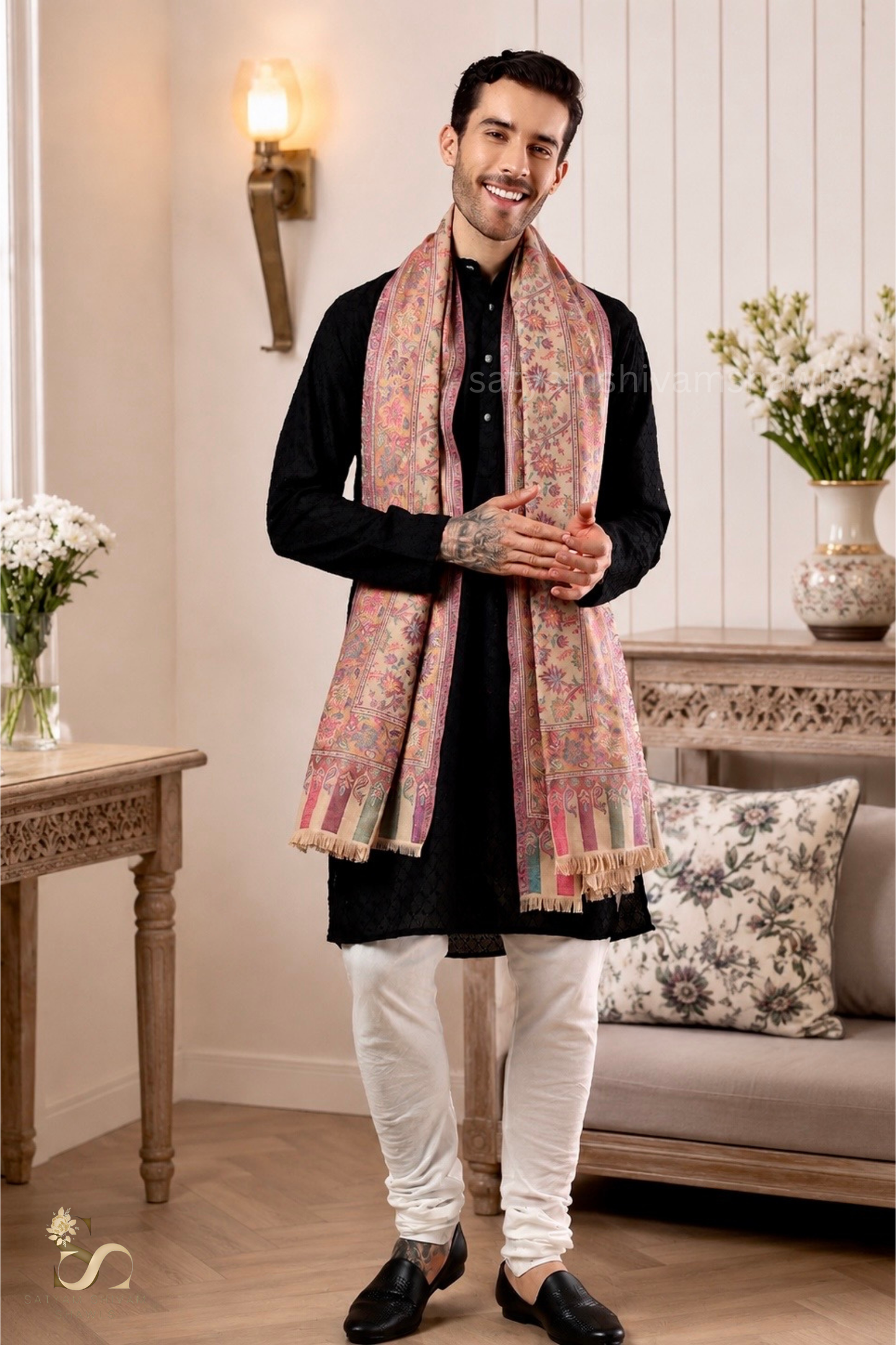 MENS ETHNIC KASHMIRI CHINAR DESIGN KANI  SHAWL, Light Weight, Soft And Warm, BEIGE
