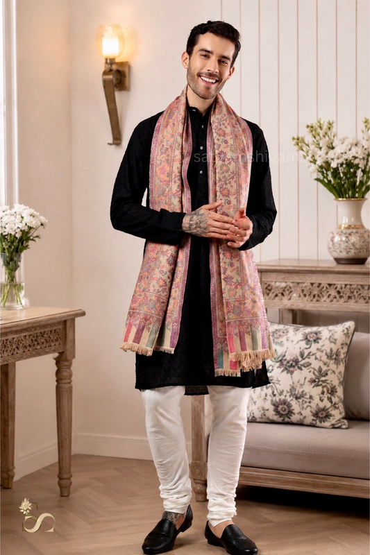 MENS ETHNIC KASHMIRI CHINAR DESIGN KANI  SHAWL, Light Weight, Soft And Warm, BEIGE