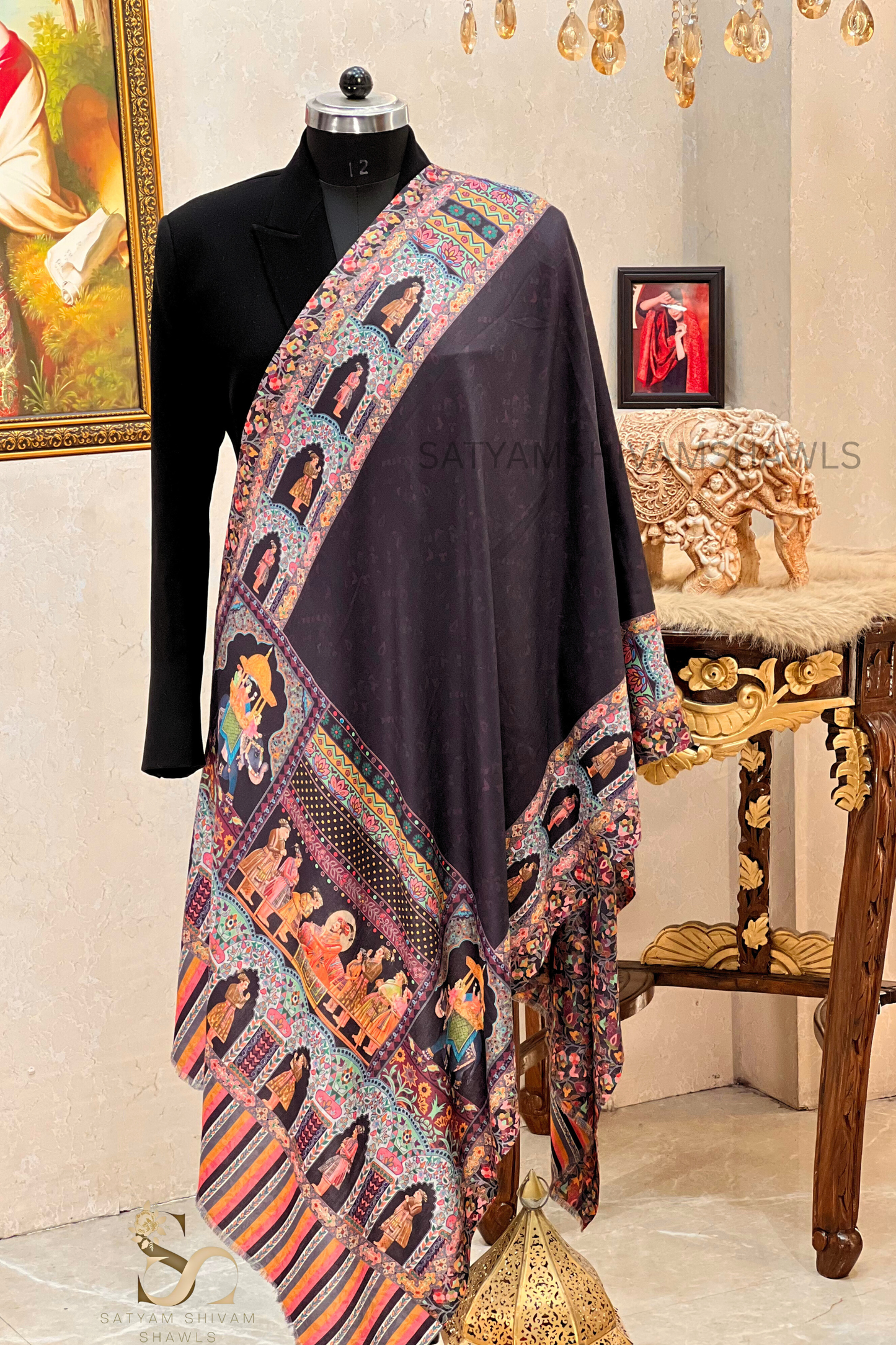 ISHQ-E-DHOLI PALLA REVERSIBLE  PURE WOOL KALAMKARI PRINT STOLE ,BLACK