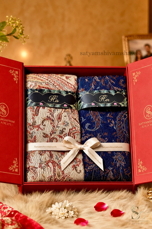 His And Her Set Of 100% pure wool shawls With Premium Gift Box Packaging , navy blue & light