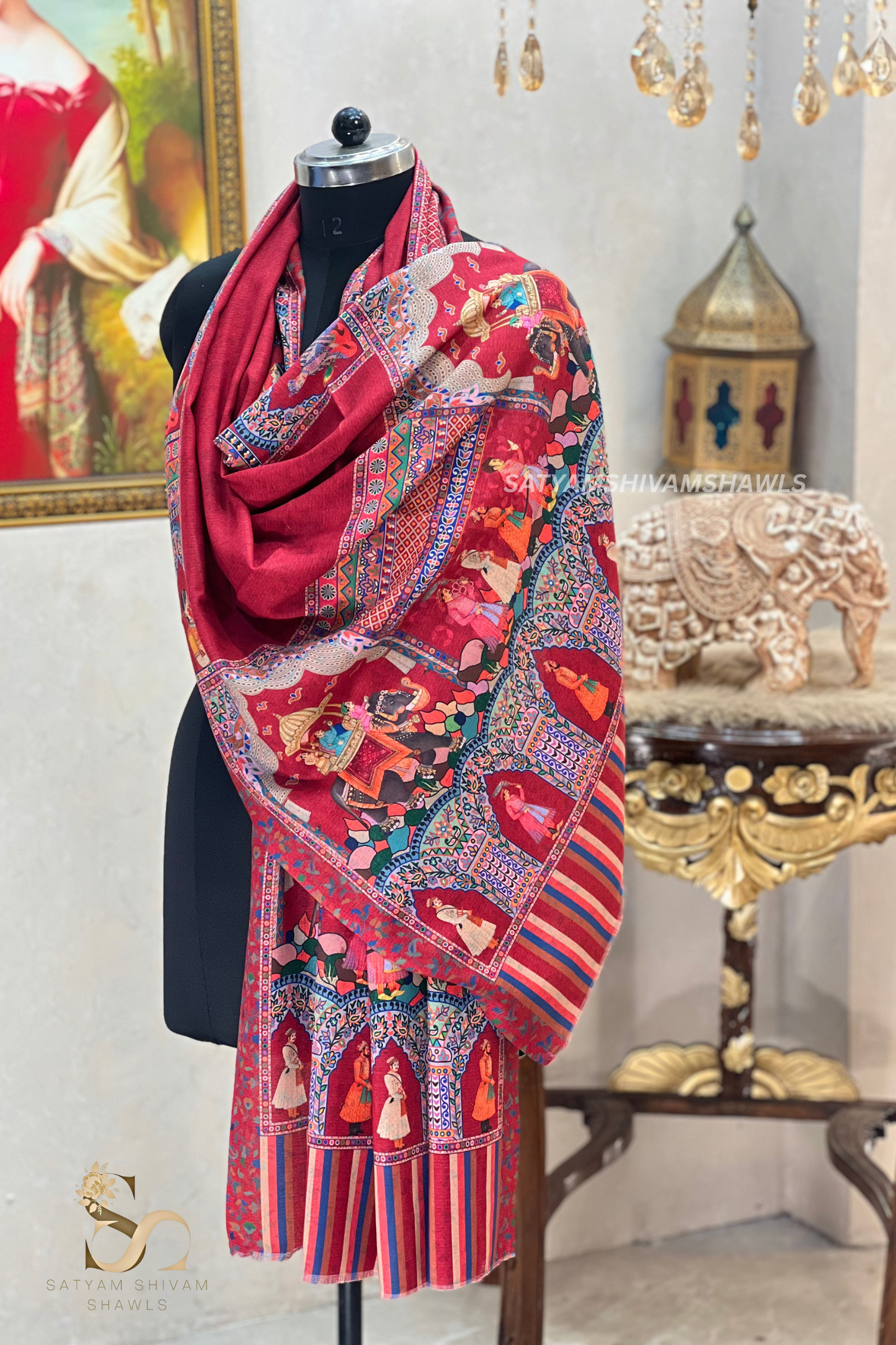 ISHQ-E-DHOLI PALLA REVERSIBLE  PURE WOOL KALAMKARI PRINT STOLE ,KASHMIRI MEHROON