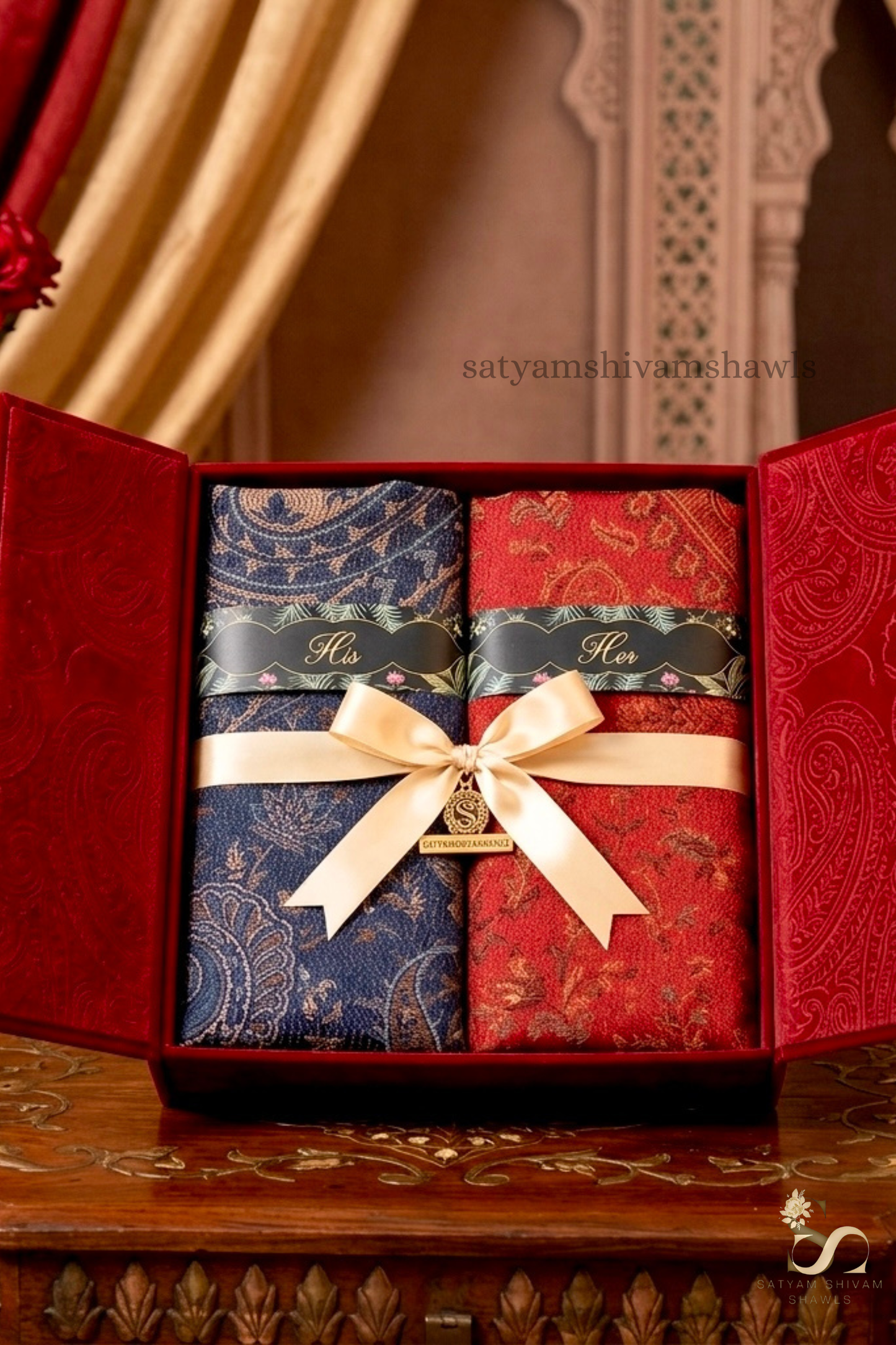 His and Her Gift Set of Jamawar and kaani Shawls With Wooden premium box packaging