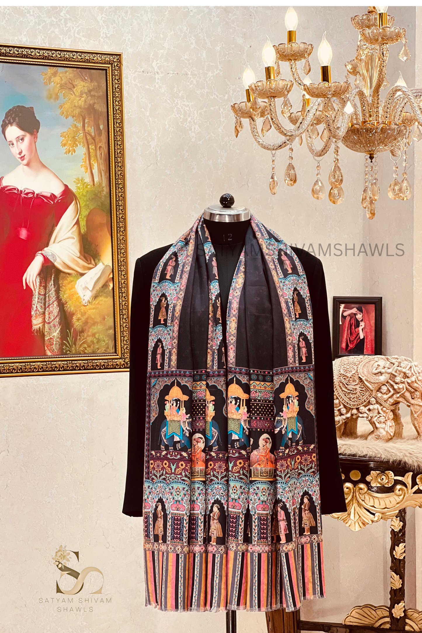 ISHQ-E-DHOLI PALLA REVERSIBLE  PURE WOOL KALAMKARI PRINT STOLE ,BLACK