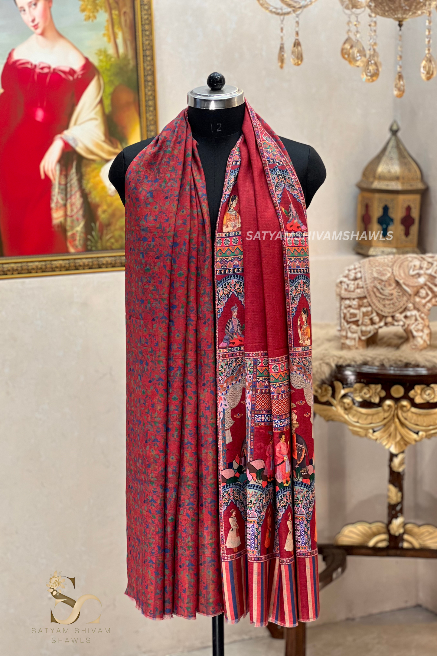 ISHQ-E-DHOLI PALLA REVERSIBLE  PURE WOOL KALAMKARI PRINT STOLE ,KASHMIRI MEHROON