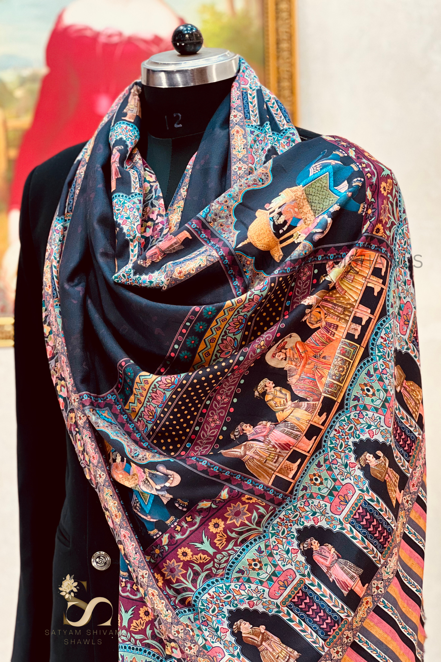 ISHQ-E-DHOLI PALLA REVERSIBLE  PURE WOOL KALAMKARI PRINT STOLE ,BLACK