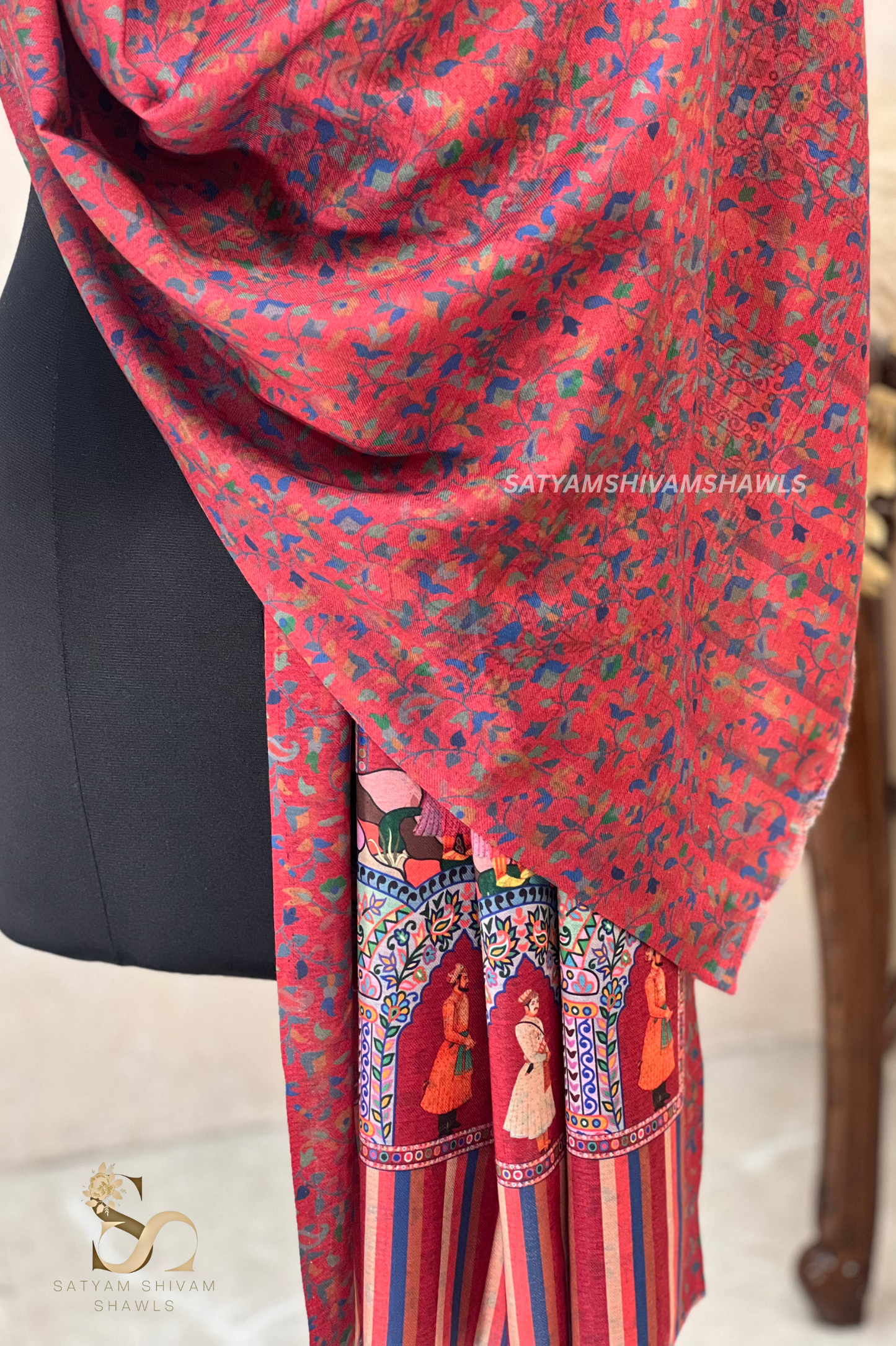 ISHQ-E-DHOLI PALLA REVERSIBLE  PURE WOOL KALAMKARI PRINT STOLE ,KASHMIRI MEHROON