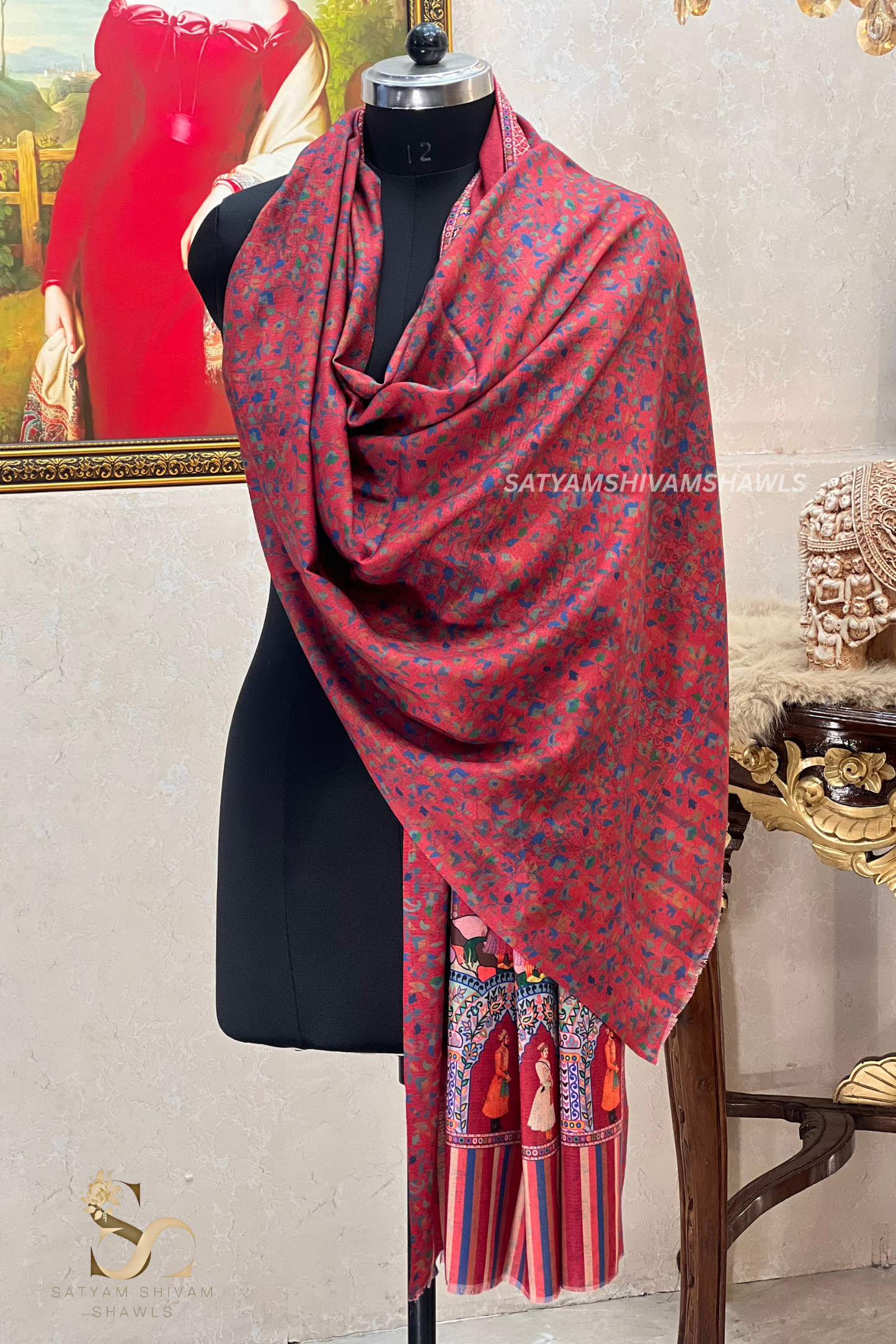 ISHQ-E-DHOLI PALLA REVERSIBLE  PURE WOOL KALAMKARI PRINT STOLE ,KASHMIRI MEHROON