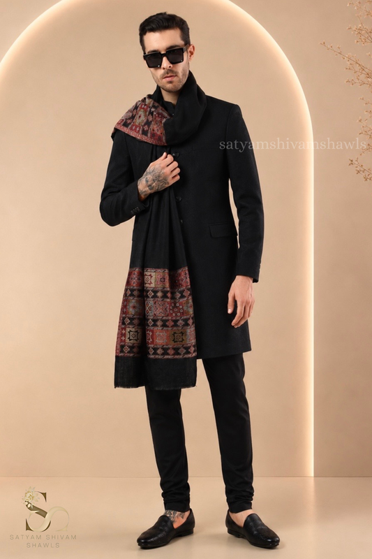 LUXURY PASHMINA KULLU DESIGN WOVEN PALLA  MENS STOLE ,BLACK