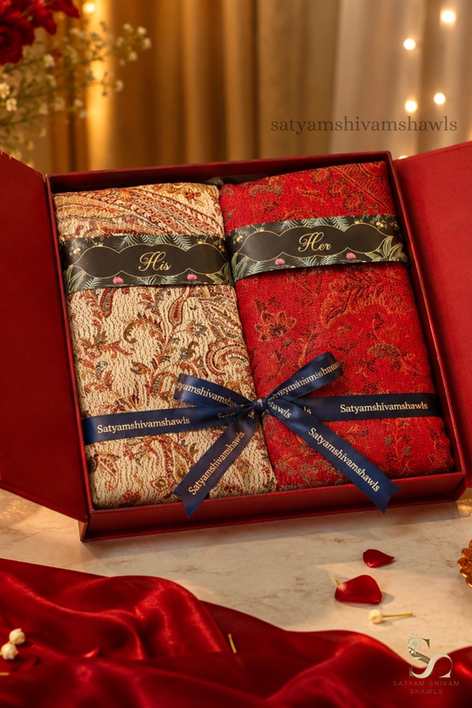 His and Her Gift Set of Jamawar and kaani Shawls With  premium box packaging