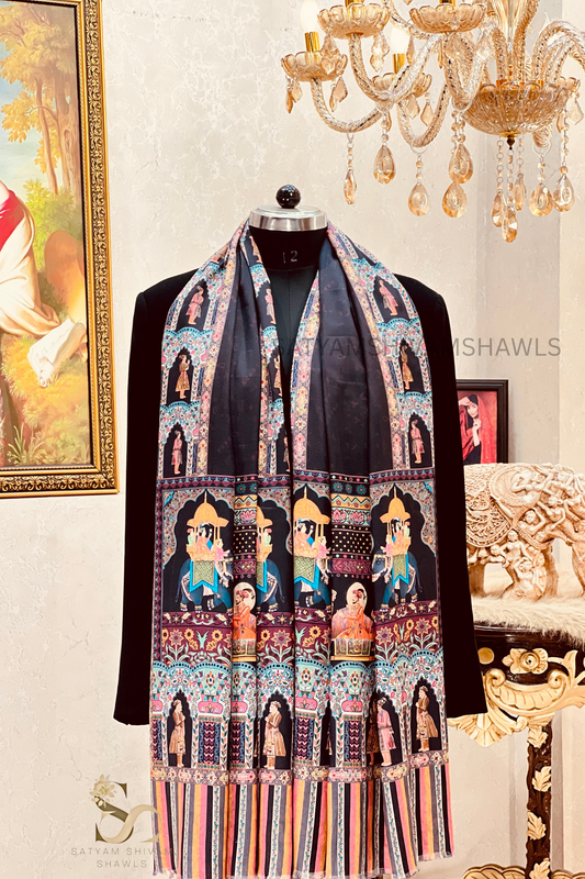 ISHQ-E-DHOLI PALLA REVERSIBLE  PURE WOOL KALAMKARI PRINT STOLE ,BLACK