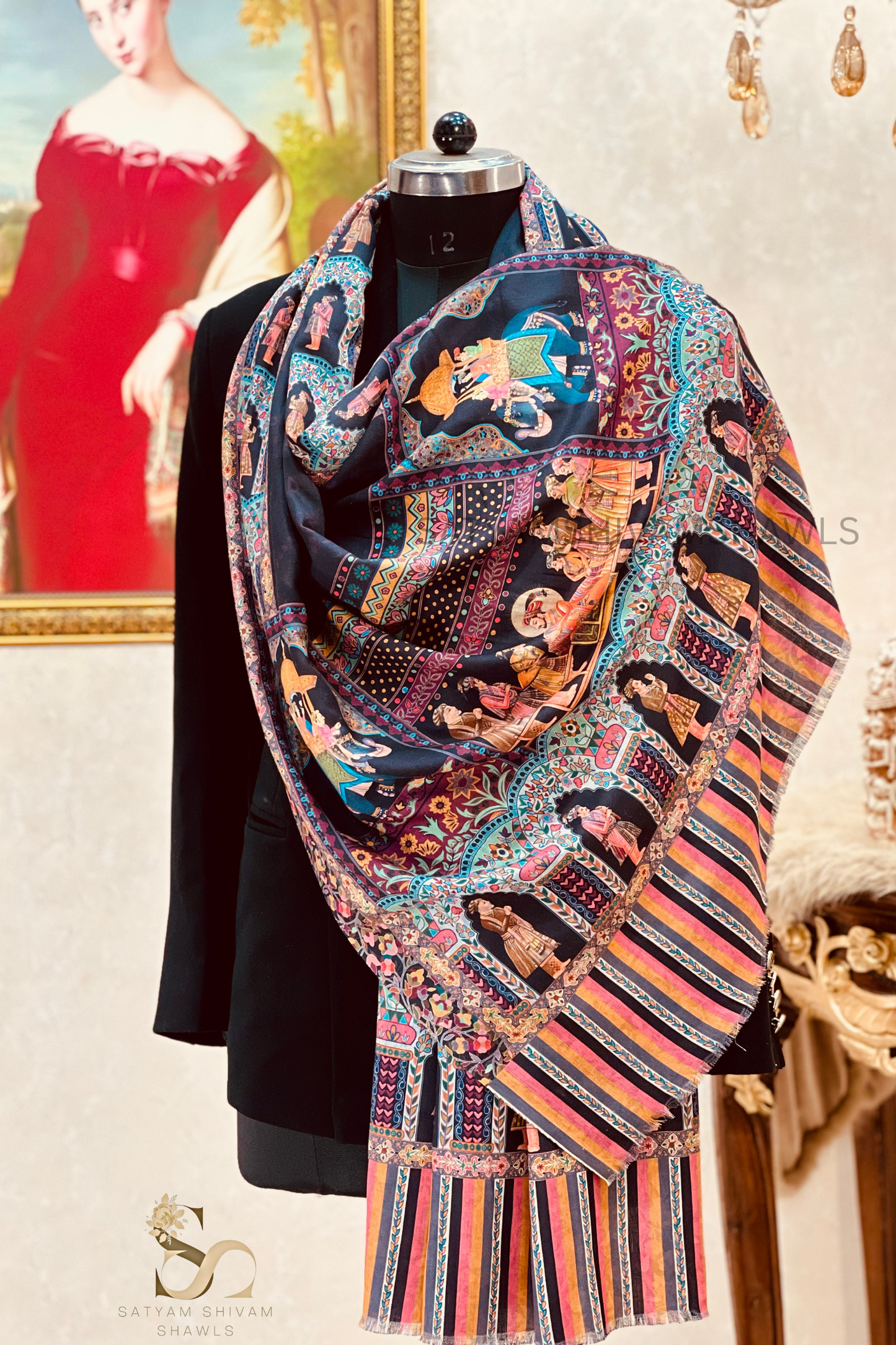 ISHQ-E-DHOLI PALLA REVERSIBLE  PURE WOOL KALAMKARI PRINT STOLE ,BLACK