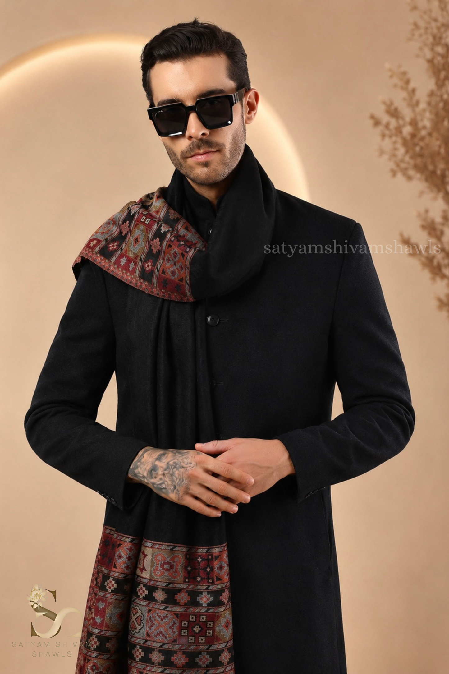 LUXURY PASHMINA KULLU DESIGN WOVEN PALLA  MENS STOLE ,BLACK