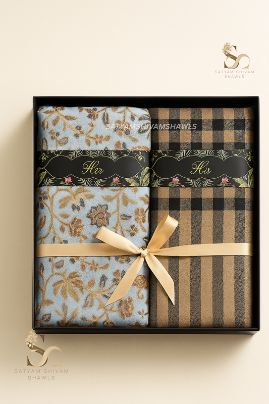 SATYAMSHIVAMSHAWLS HIS AND HER SET OF MENS FINE WOOL SHAWL AND WOMENS PASHMINA EMBROIDERY STOLE WITH PREMIUM GIFT BOX PACKAGING