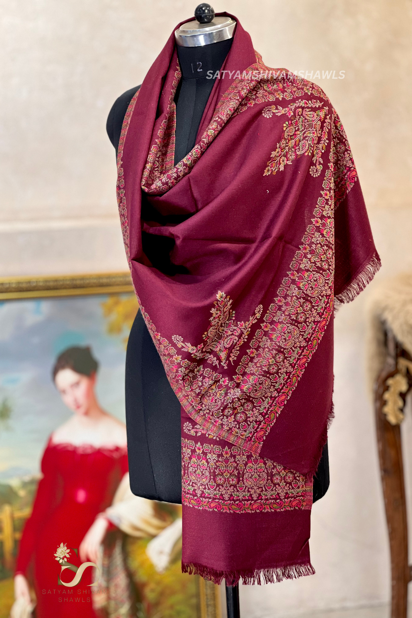 The heritage kunj pure wool border bloom kani weaved stole
