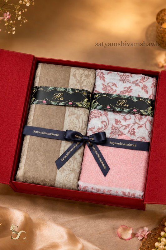 HIS AND HER GIFT BOX OF (MENS STRIPS  PASHMINA SHAWL & WOMEN MASTERPIECE AUTHENTIC FINE WOOL KANI PASHMINA,