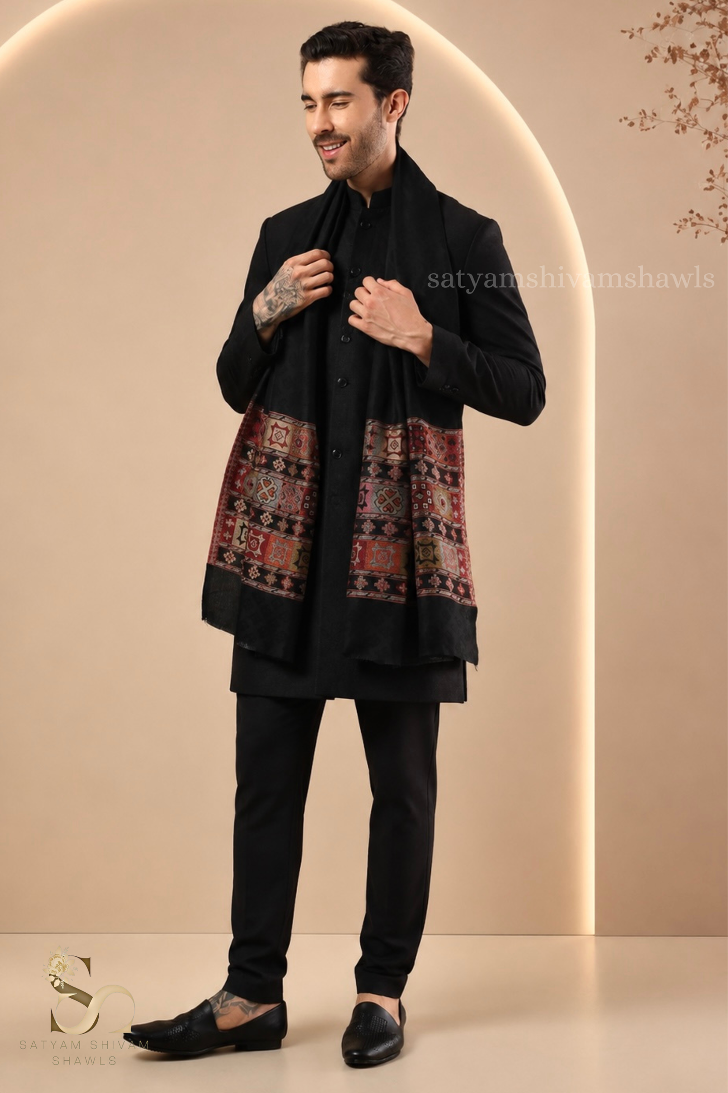 LUXURY PASHMINA KULLU DESIGN WOVEN PALLA  MENS STOLE ,BLACK