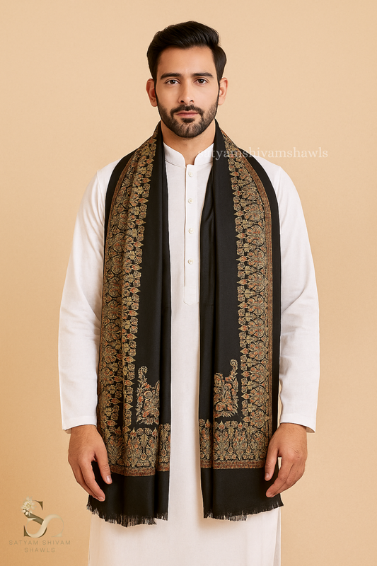 The heritage kunj pure wool border bloom kani weaved stole
