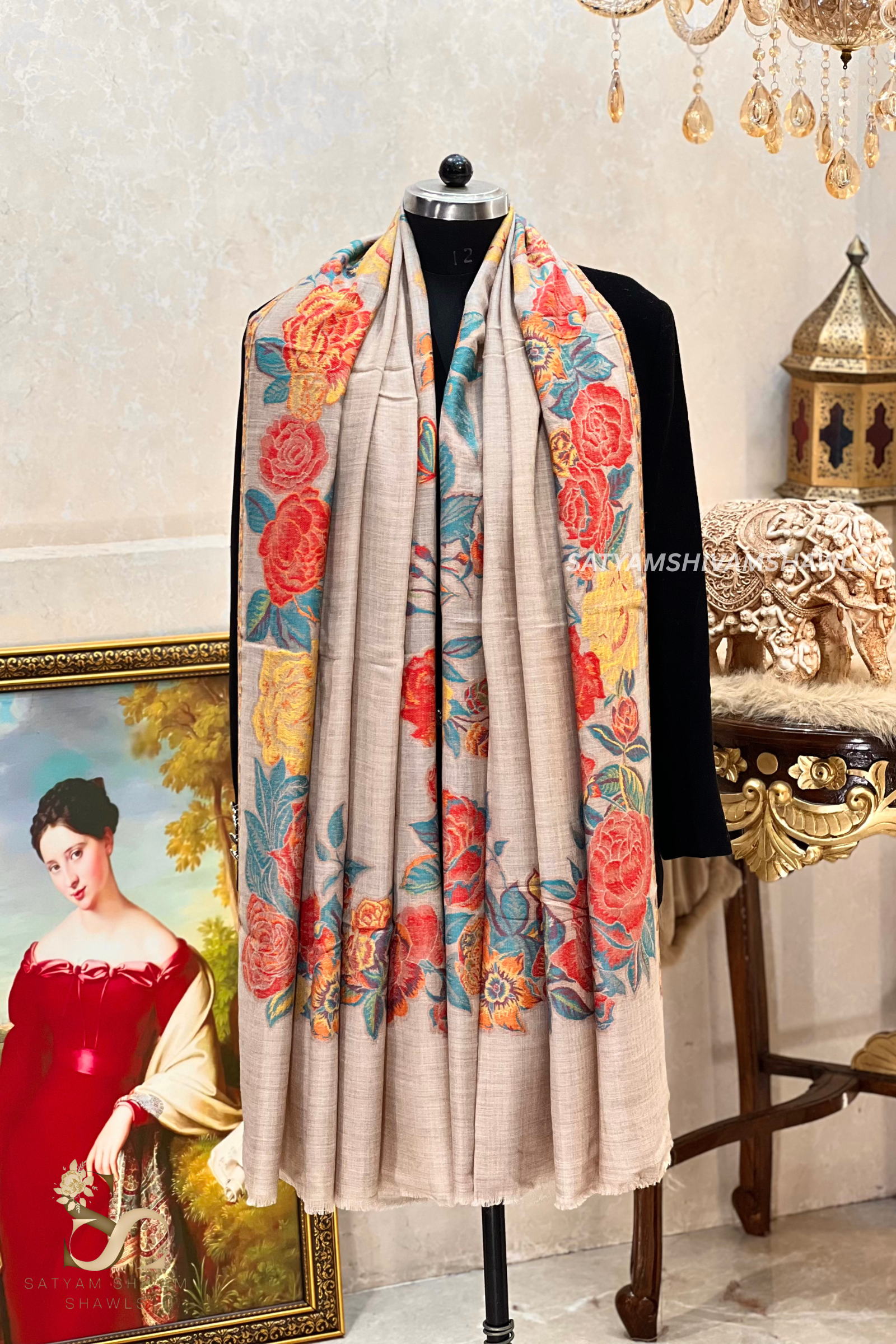 fine wool pashmina kani multi flower border design shawls