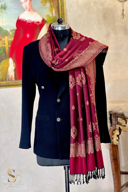 pure wool zari weaved stole,wine