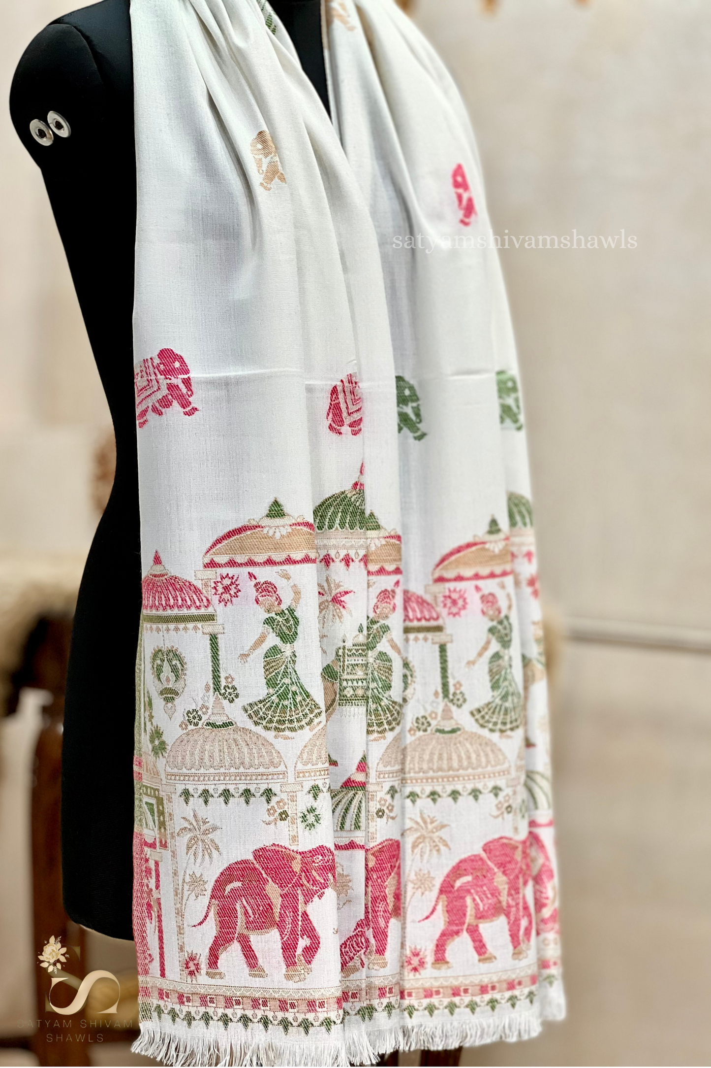 Dholi theme elephant design pure wool stole,white