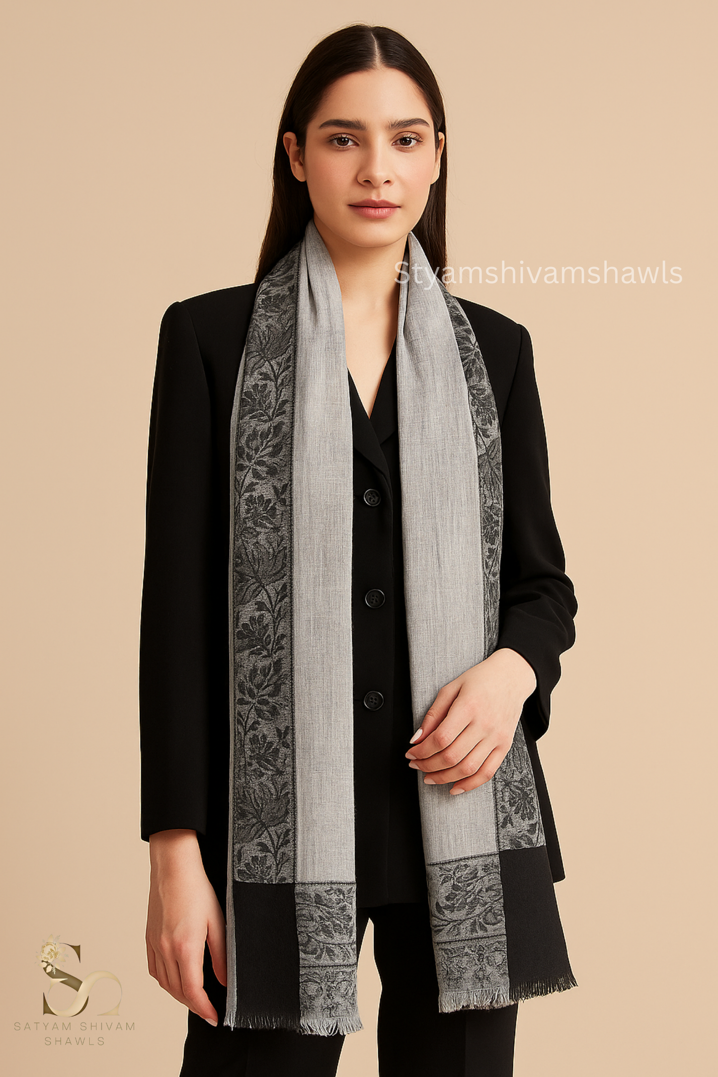 PURE WOOL REVERSIBLE SELF BORDER DESIGN SHAWL ,GREY