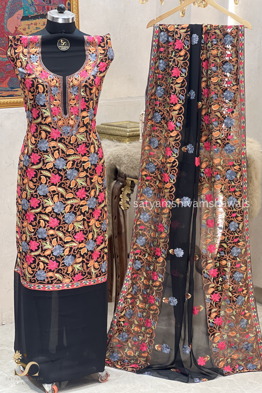 KASHMIRI NALKI  MULTI  EMROIDERY GEORGETTE SUIT BLACK  COLOUR