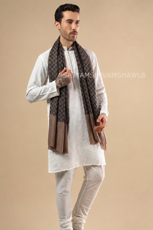 EXTRA FINE WOOL MIST CHECK MENS STOLE, TOOSHBLACK