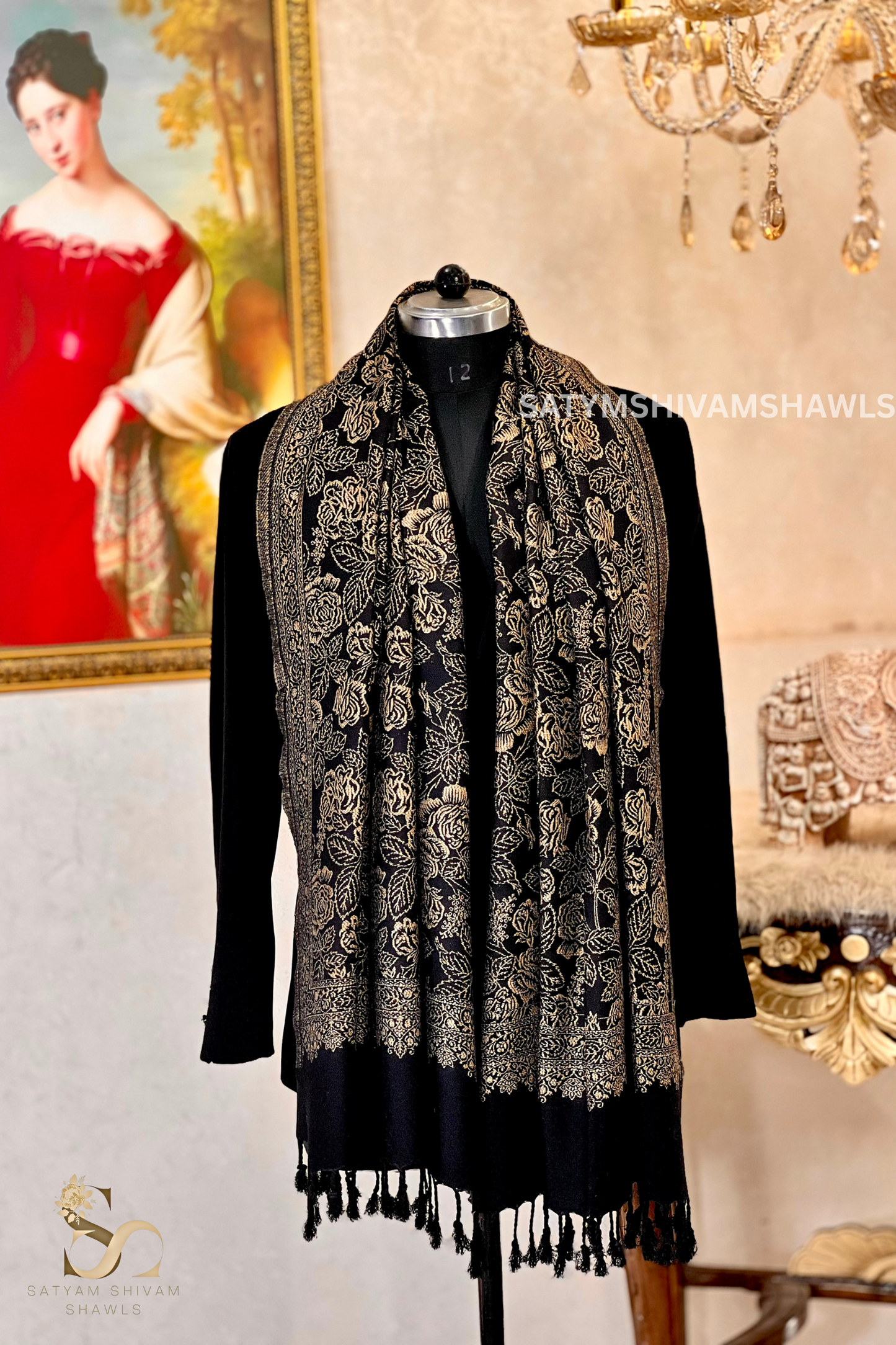 golden loom zari weaved stole,black