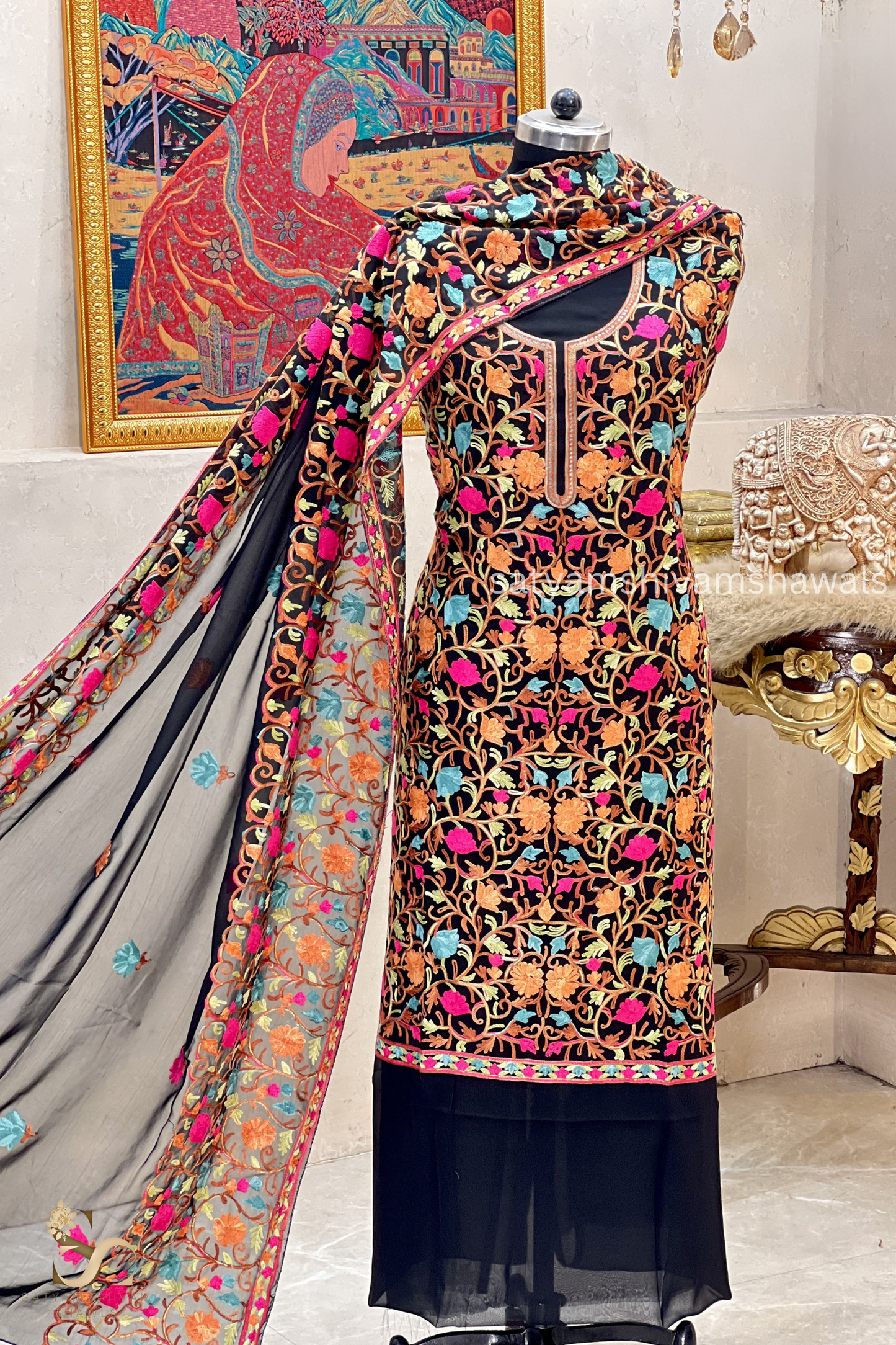 KASHMIRI NALKI  MULTI  EMROIDERY GEORGETTE SUIT BLACK  COLOUR