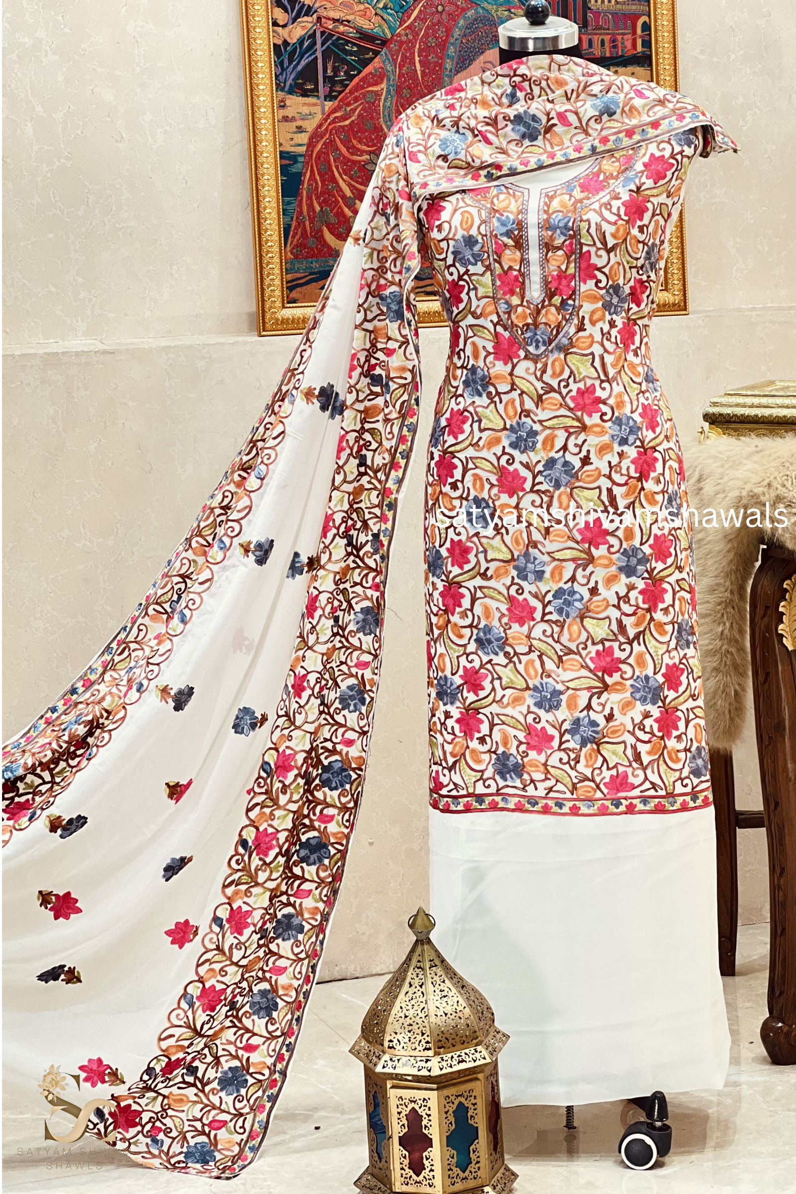KASHMIRI NALKI  MULTI  EMROIDERY GEORGETTE SUIT WHITE  COLOUR