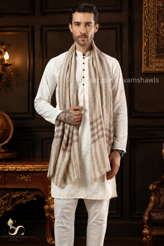 LUXURY PASHMINA SELF STRIPES WITH CHECK PALLA MENS STOLE, COLOR SKINISHCAMEL