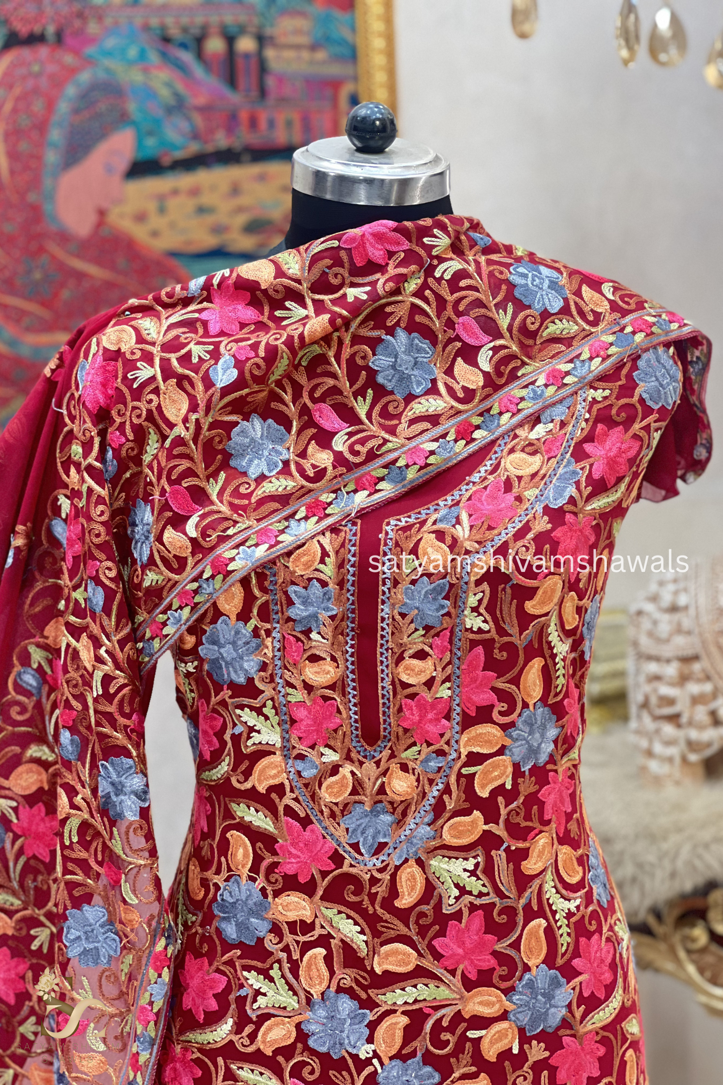 KASHMIRI NALKI  MULTI  EMROIDERY GEORGETTE SUIT MEHROON  COLOUR