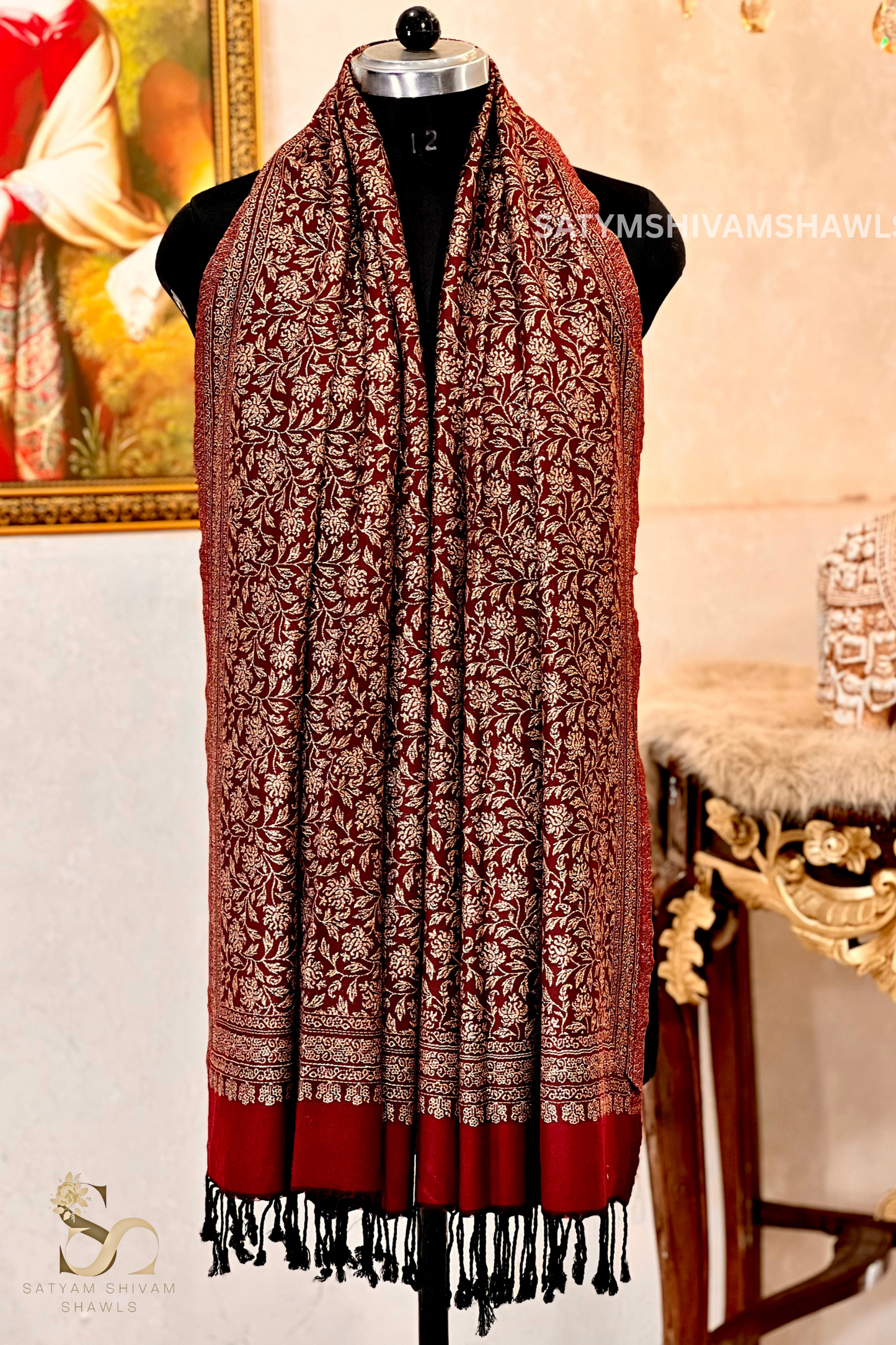 golden loom zari weaved stole,mehroon