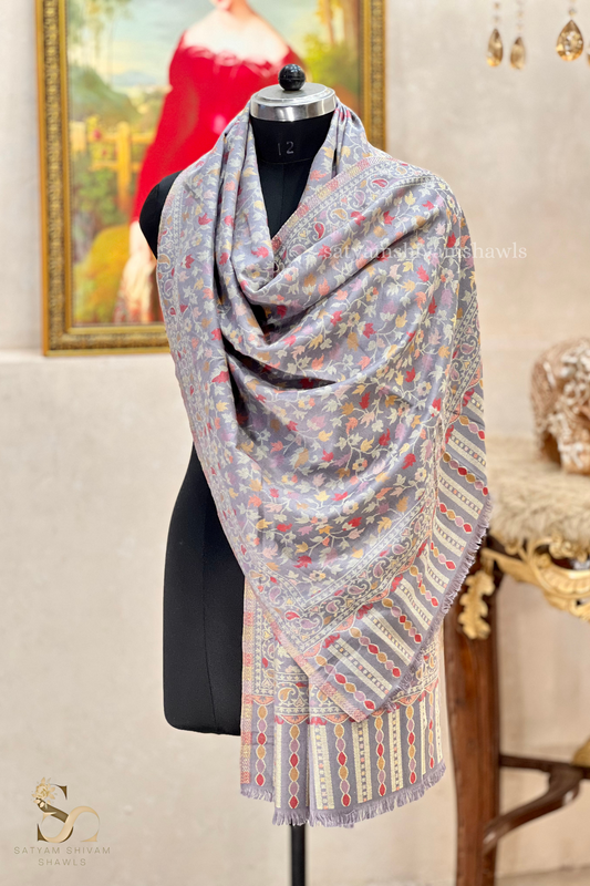 noor-e-kani multi pure wool stole,grey
