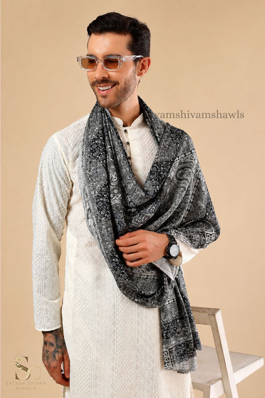 PAISLEY KALAMKARI MENS FINE SOFT SILK WOOL PRINT STOLE,BLACK GREY