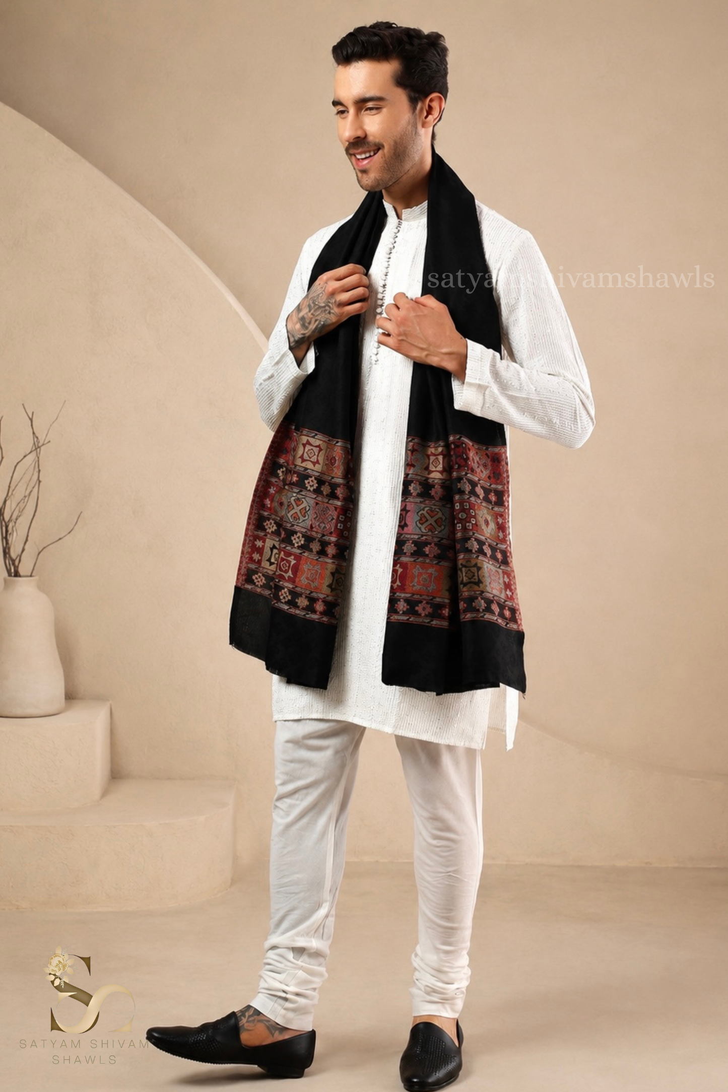 LUXURY PASHMINA KULLU DESIGN WOVEN PALLA  MENS STOLE ,BLACK