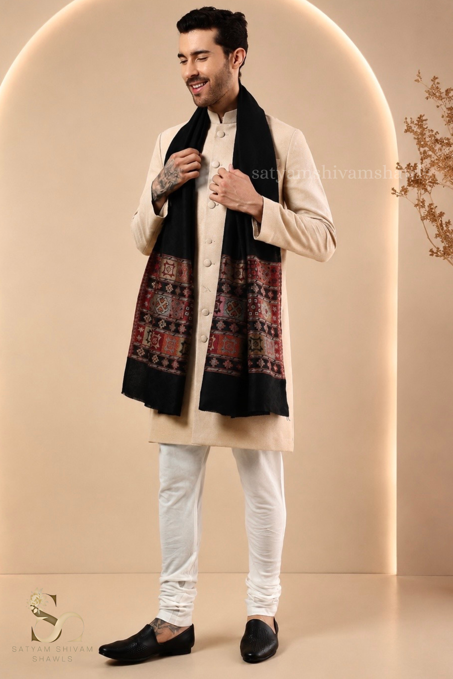 LUXURY PASHMINA KULLU DESIGN WOVEN PALLA  MENS STOLE ,BLACK