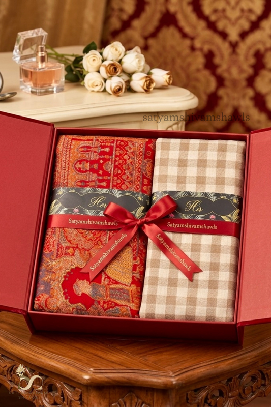 PASHMINA HIS & HER SET OF LUXURY WOMEN SHAAN-E-DARBAAR SHAWL & MEN'S FINE PASHMINA CHECK SHAWL