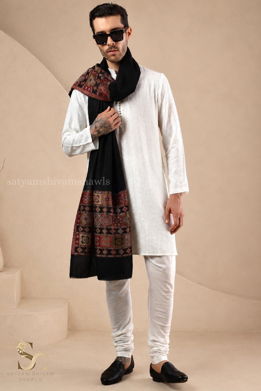 LUXURY PASHMINA KULLU DESIGN WOVEN PALLA  MENS STOLE ,BLACK