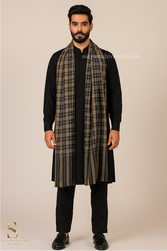 Mens Woven Check Shawl-pure wool , full size,black