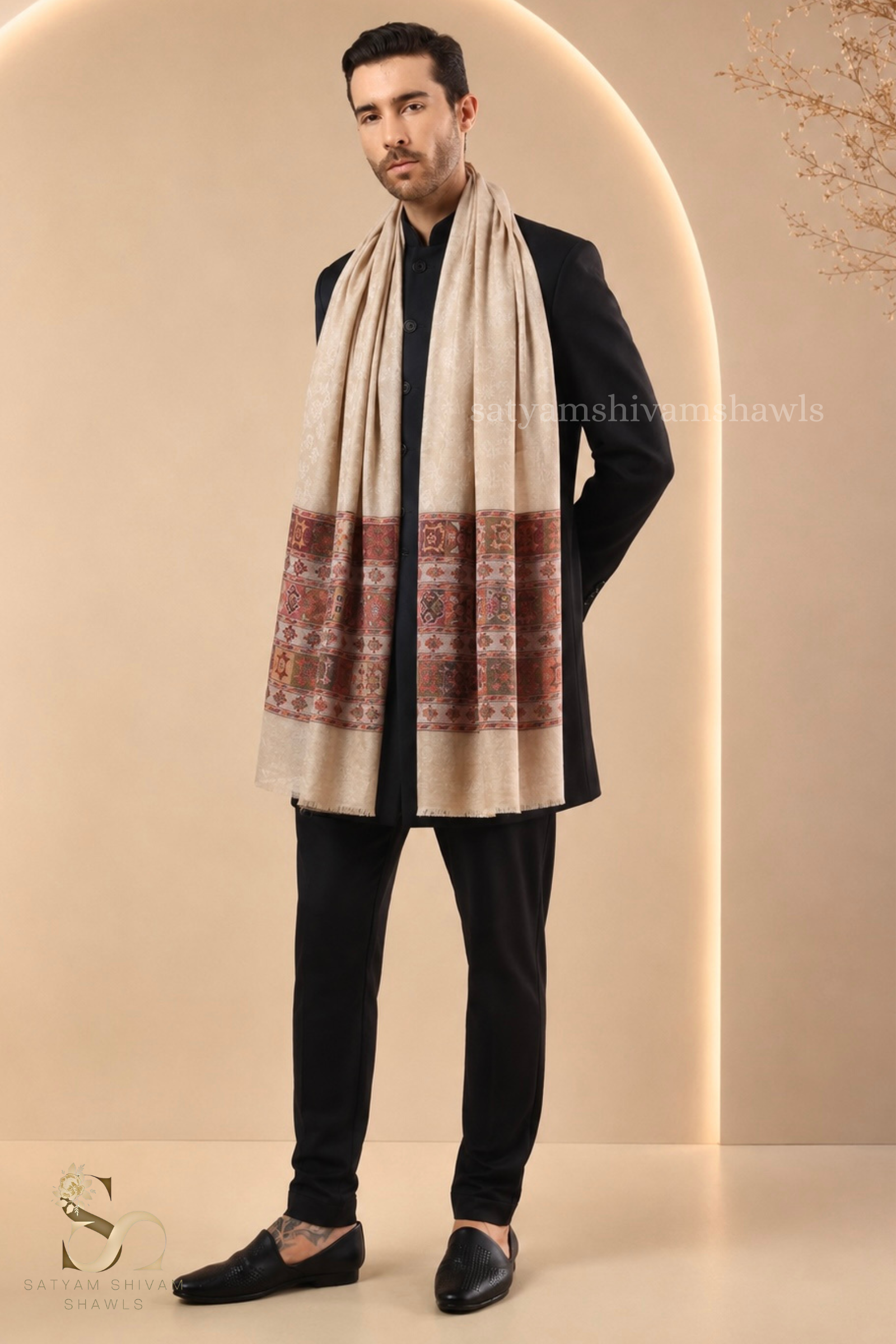 LUXURY PASHMINA KULLU DESIGN WOVEN PALLA  MENS STOLE ,SKIN