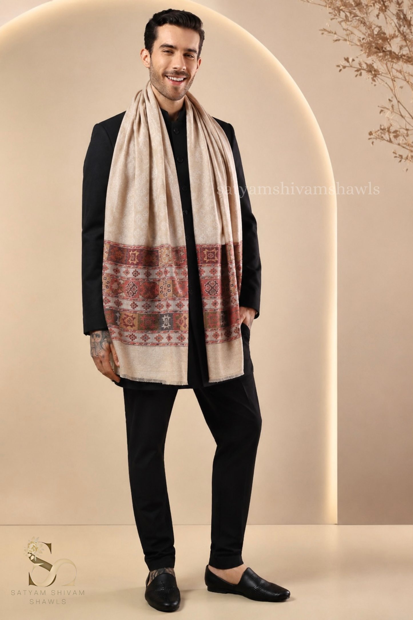 LUXURY PASHMINA KULLU DESIGN WOVEN PALLA  MENS STOLE ,SKIN