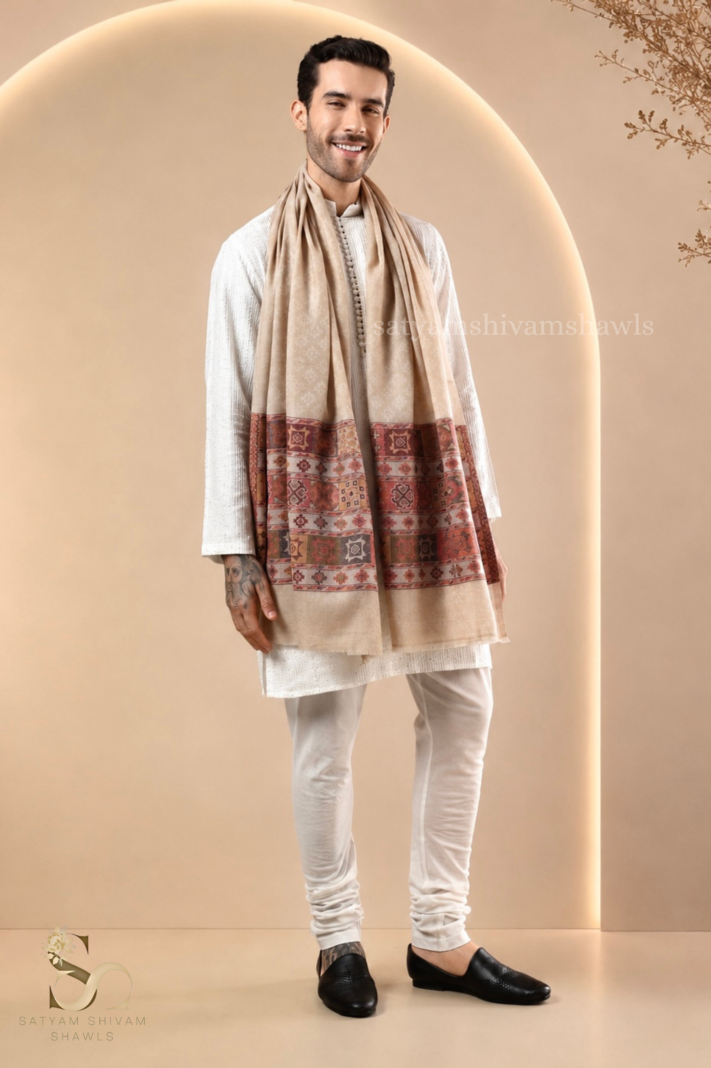 LUXURY PASHMINA KULLU DESIGN WOVEN PALLA  MENS STOLE ,SKIN