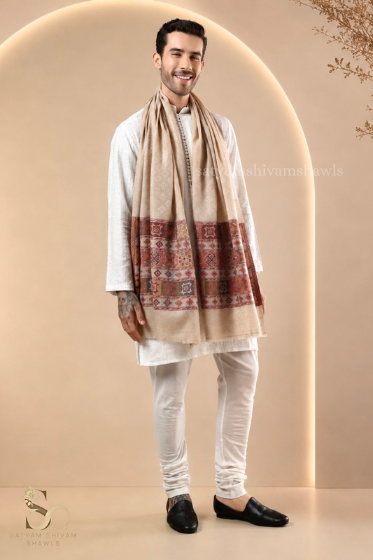 LUXURY PASHMINA KULLU DESIGN WOVEN PALLA  MENS STOLE ,SKIN