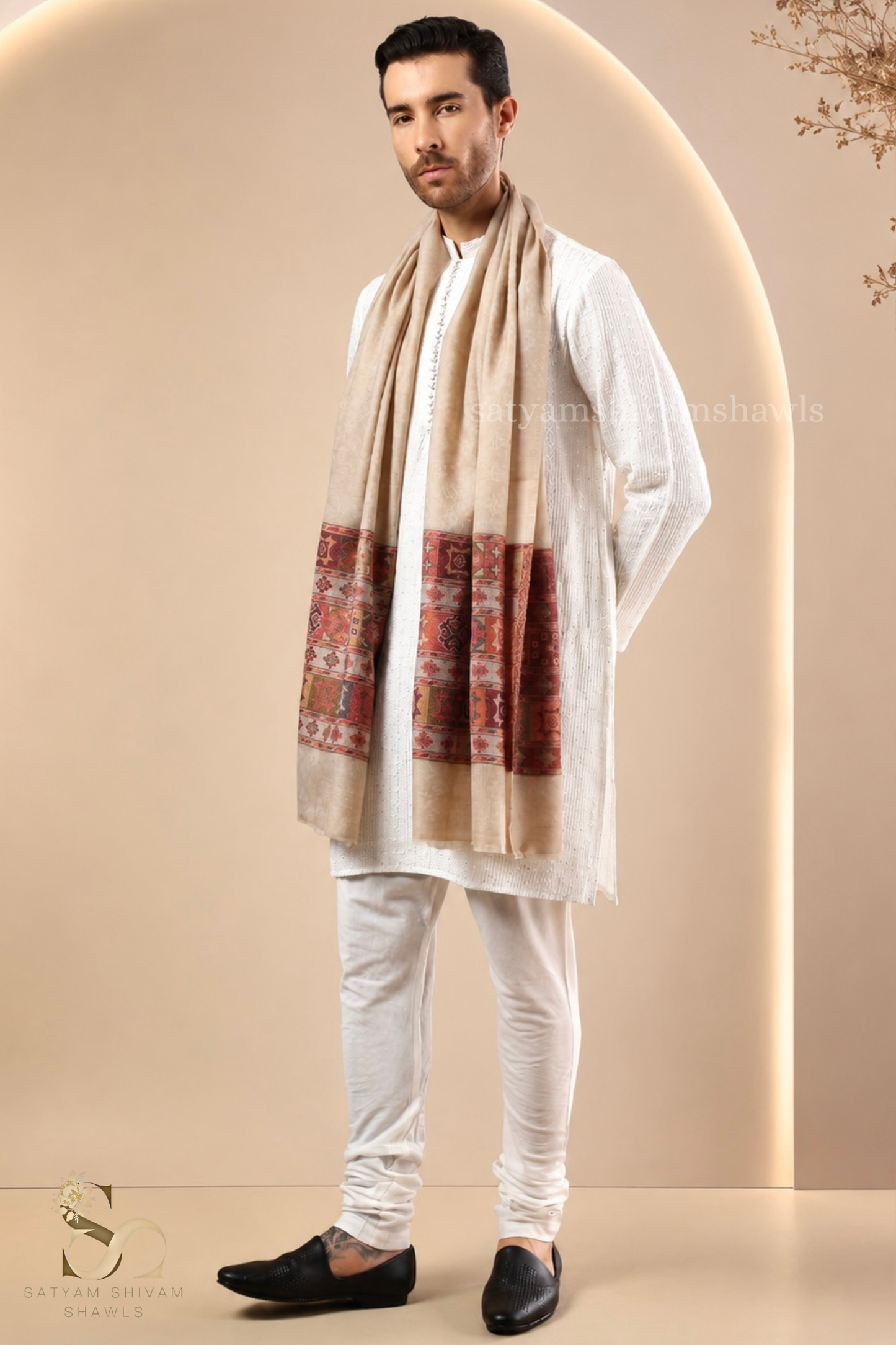 LUXURY PASHMINA KULLU DESIGN WOVEN PALLA  MENS STOLE ,SKIN